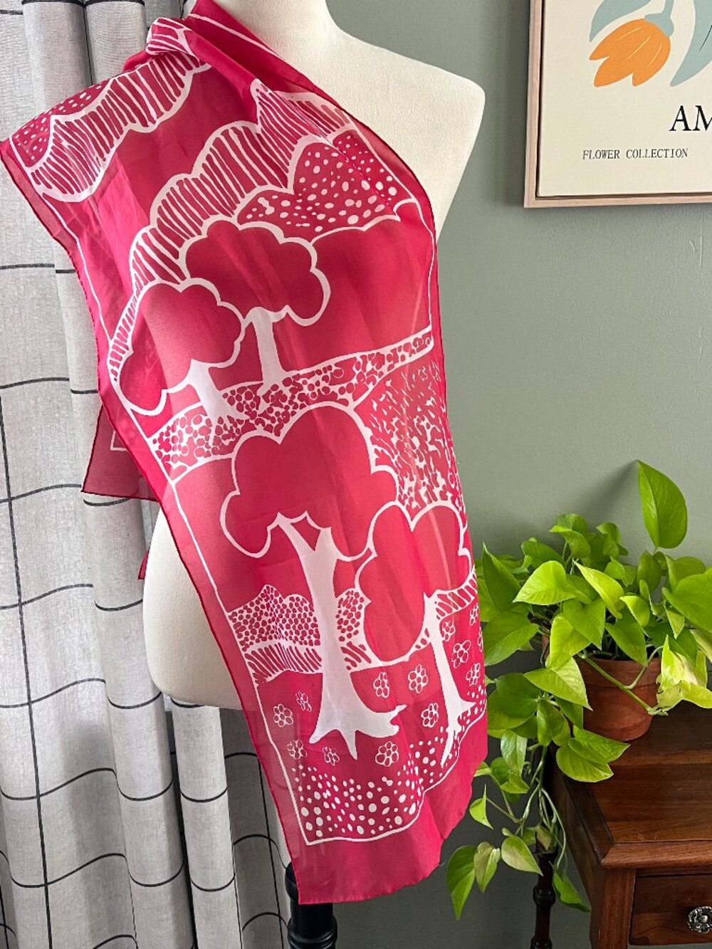 Vintage Baar & Beards Sheer Scarf Red White Folk Art Tree Print 13x53
